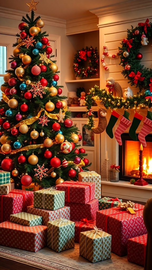 Christmas Wishlist Quiz A cozy Christmas living room with a decorated tree and gifts.
